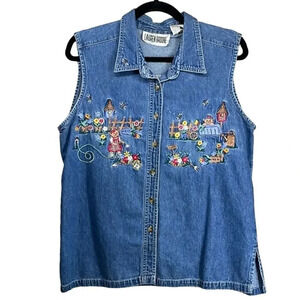 Vintage Lauren Brooke 100% Cotton Top Teddy Bears Floral Embroidered Scene Large